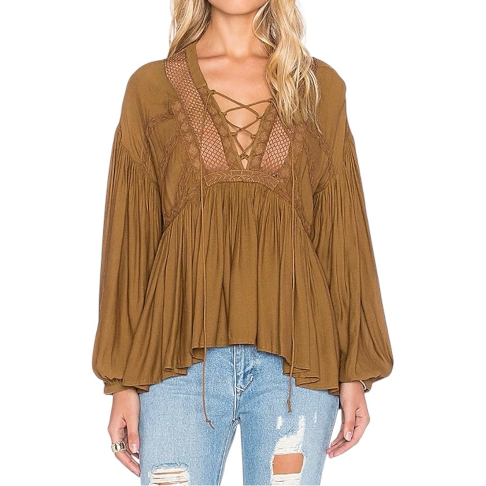 Free People Don't Let Go Brown Flowy Lace Up Balloon Sleeve Boho Peasant‎ Top S